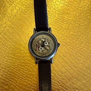 Black Minimalist Watch with Leather Strap